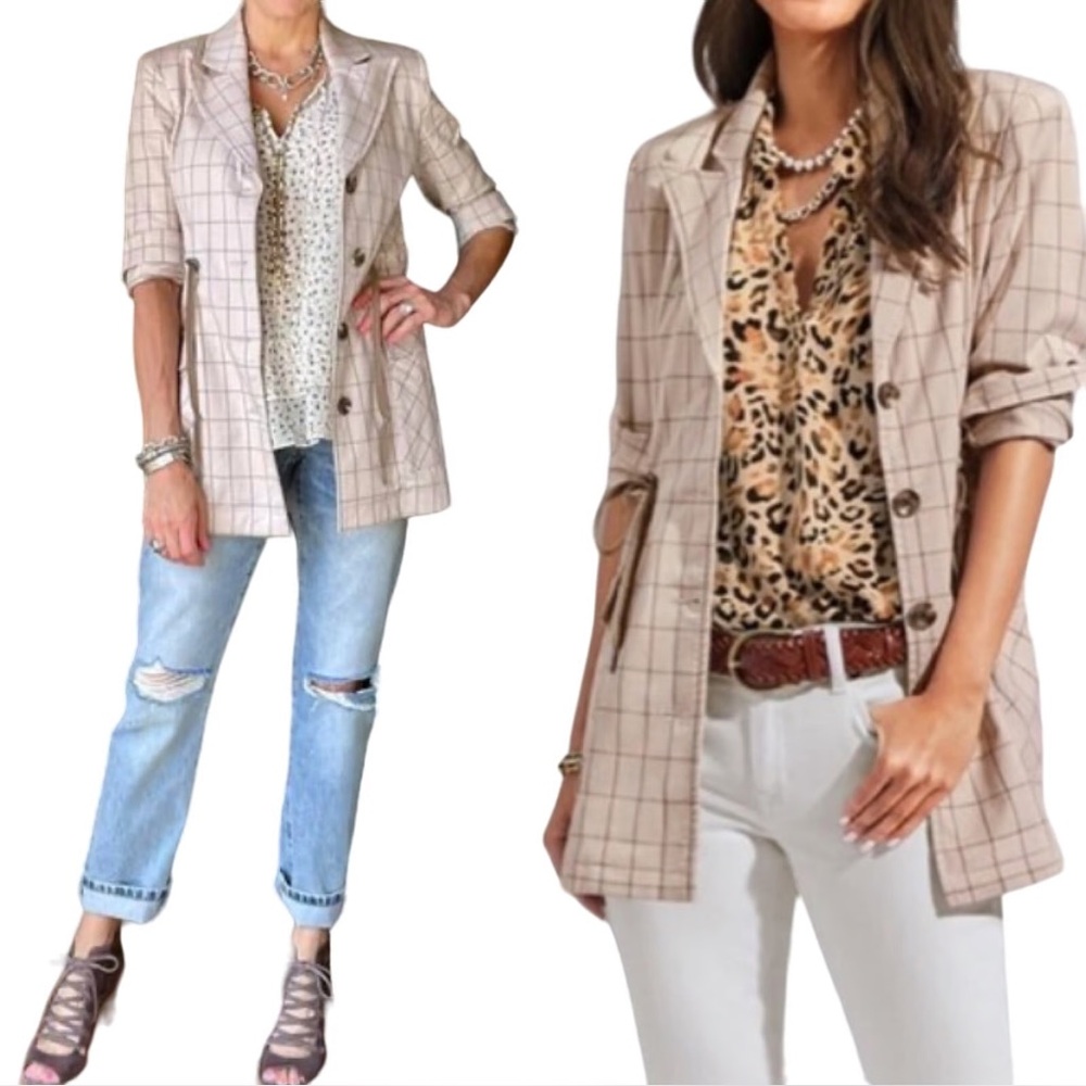 Cabi Women's Windowpane Khaki Cinched Waist Button Front‎ Jacket- Size Small